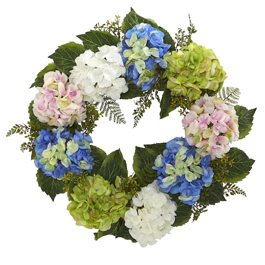 24” Blue & Pink Hydrangea Wreath By Nearly Natural | 24" | Michaels®